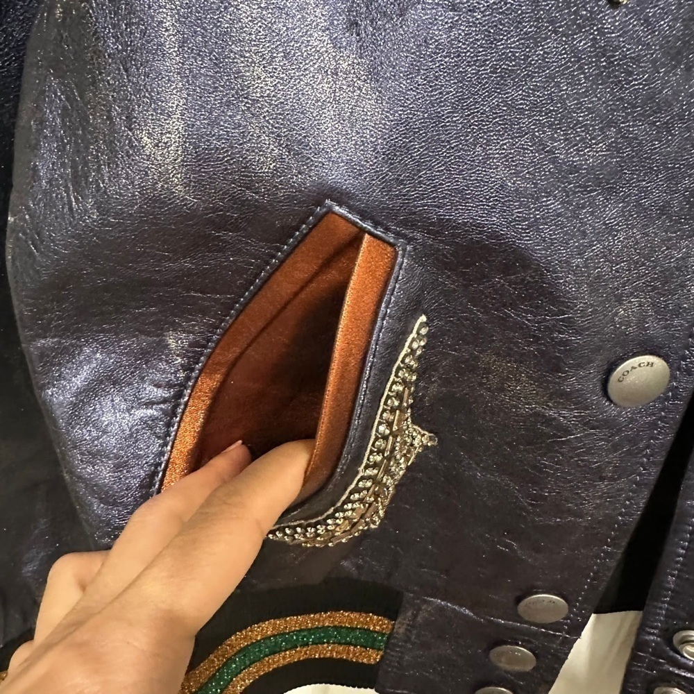 Coach Shrunken Leather Varsity Jacket In Metallic Cadet Blue I Size 2 - Picture 13 of 16
